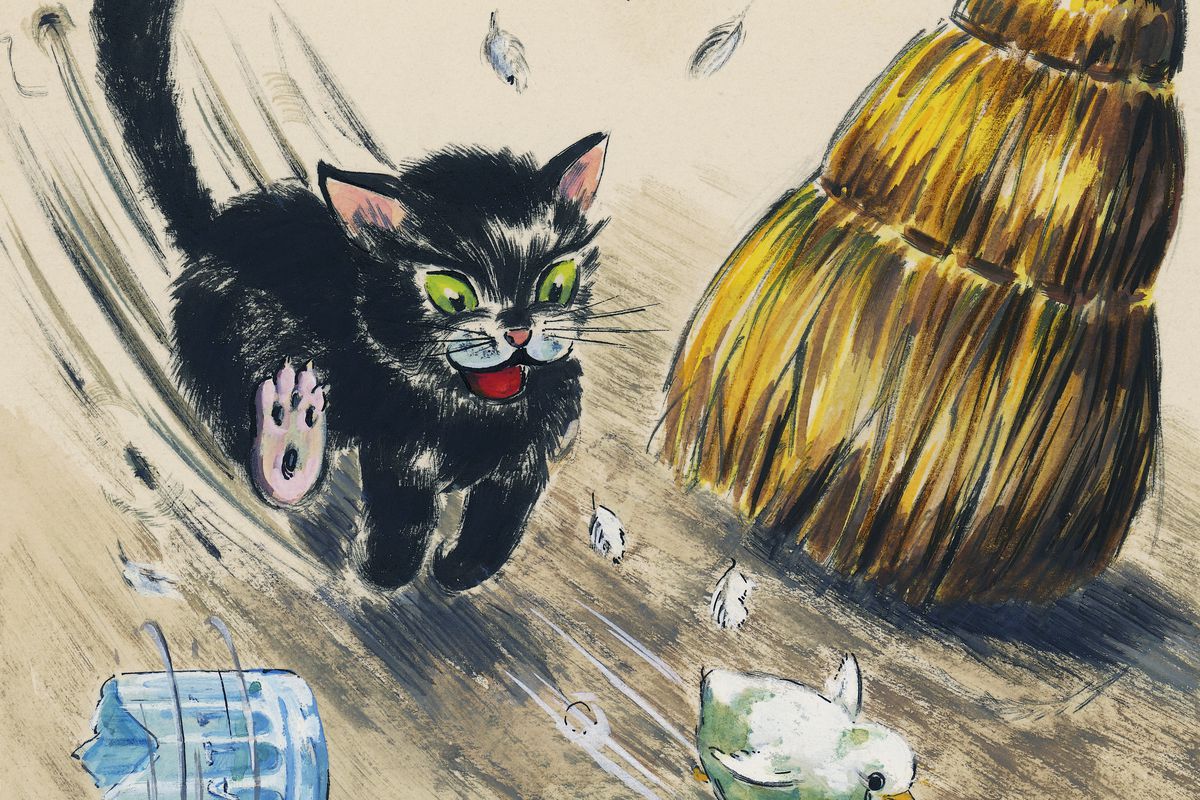 Cat chasing chick, children’s illustration, drawing