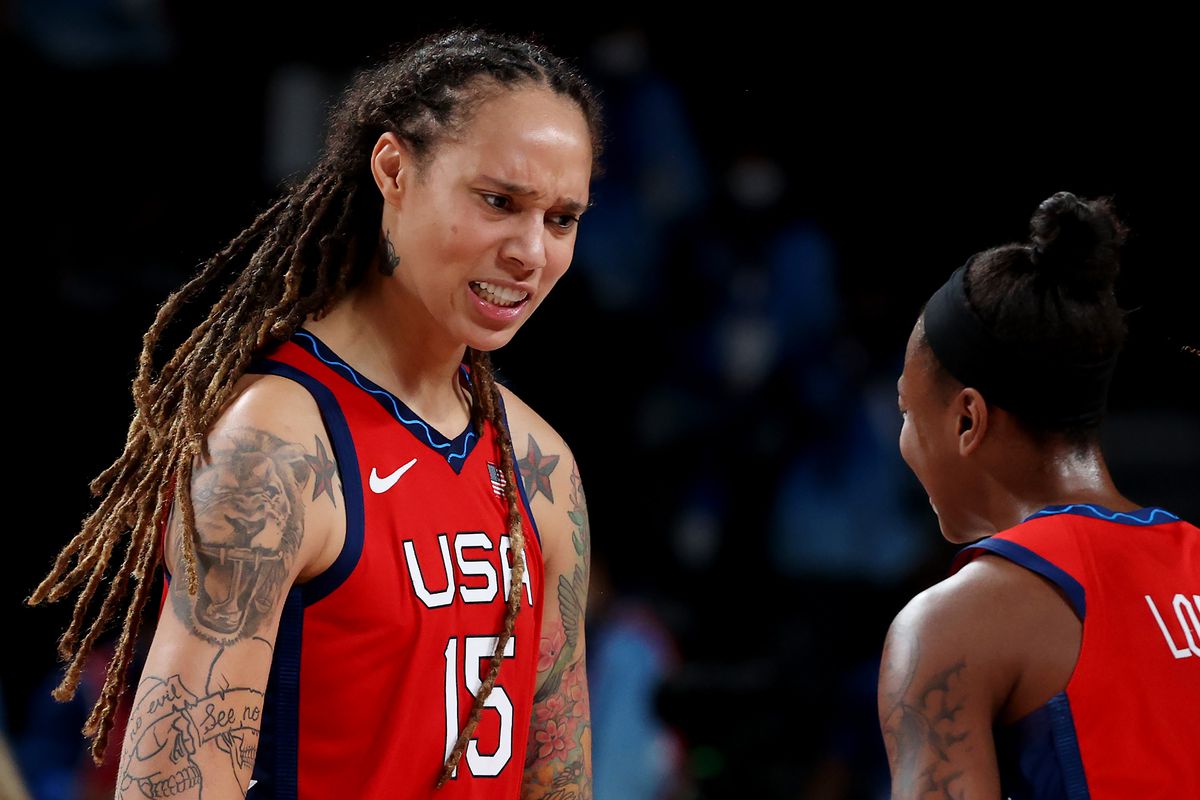 Brittney Griner #15 and Jewell Loyd #4 of Team United States celebrate a win against Team Australia during a Women’s Basketball Quarterfinals game on day twelve of the Tokyo 2020 Olympic Games at Saitama Super Arena on August 04, 2021 in Saitama, Japan.