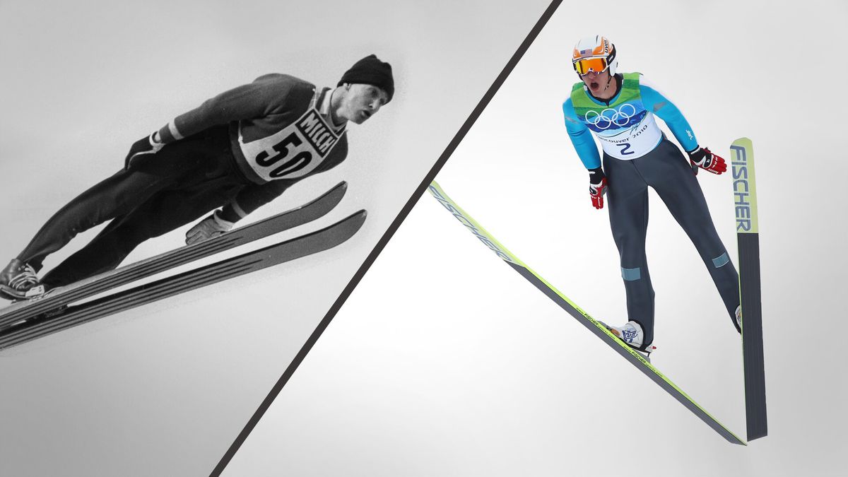 Two skiers showing different styles of holding their skis. On the left, in black and white, a skier with the number 50 holds their skis parallel to one another. On the right, in full color, a skier holds their skis in a V-shape with the point at the heel.