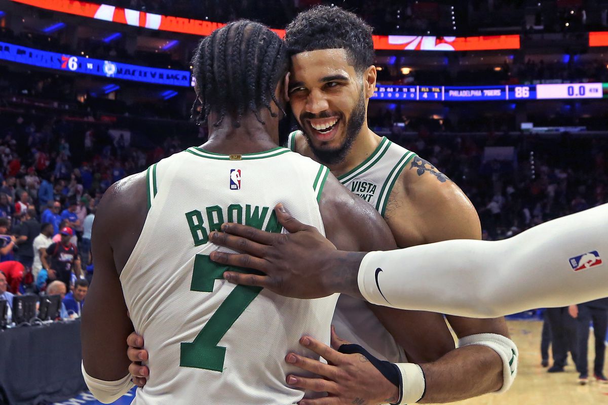 Boston Celtics SF Jayson Tatum embraces teammate Jaylen Brown following the game. The Celtics defeated the Philadelphia 76ers, 95-86, in Game 6 of the Eastern Conference Semifinals.