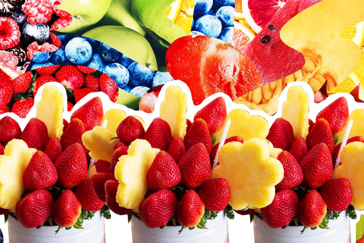 Photo-collage of an Edible Arrangement containing whole strawberries and pineapple cut into the shape of a flower.