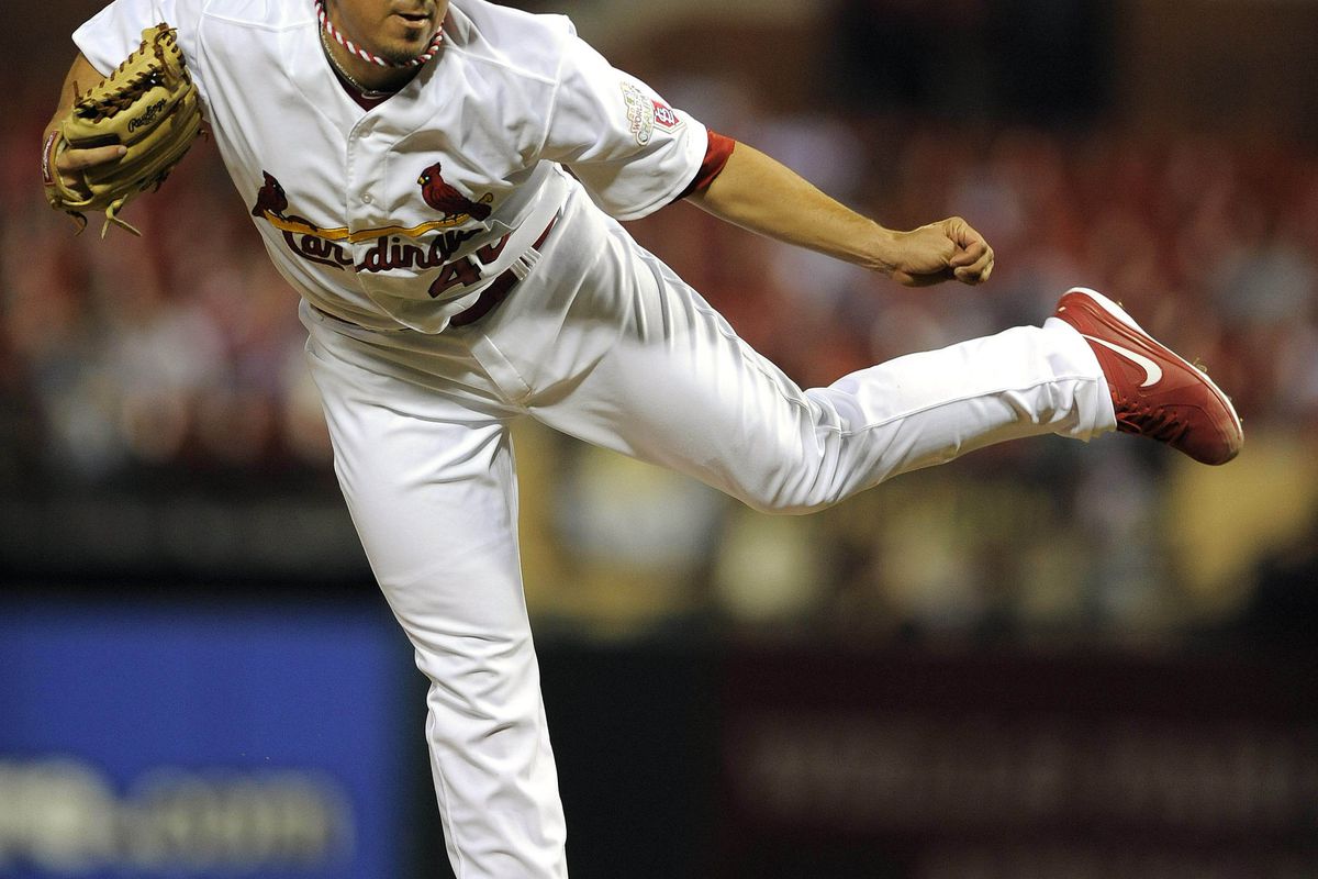 August 6, 2012; St. Louis, MO. USA; St. Louis Cardinals relief pitcher Brian Fuentes (40) throws to a San Francisco Giants batter in the ninth inning at Busch Stadium. The Cardinals won 8-2. Mandatory Credit: Jeff Curry-US PRESSWIRE