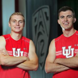Returned LDS Missionaries and Utah basketball players Parker Van Dyke and  Beau Rydalch pose for photos inside the basketball facility in Salt Lake City on Wednesday, July 27, 2016.