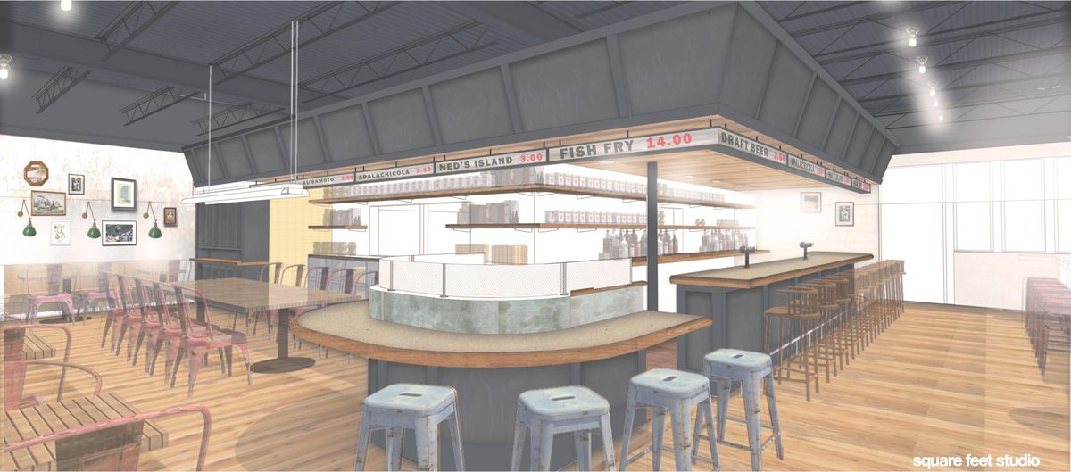 An full interior rendering of Mary Hoopa’s House of Fried Chicken &amp; Oysters.