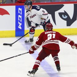 The Massachusetts Minutemen take on the UConn Huskies in a men’s college hockey game at the XL Center in Hartford, CT on March 8, 2019.