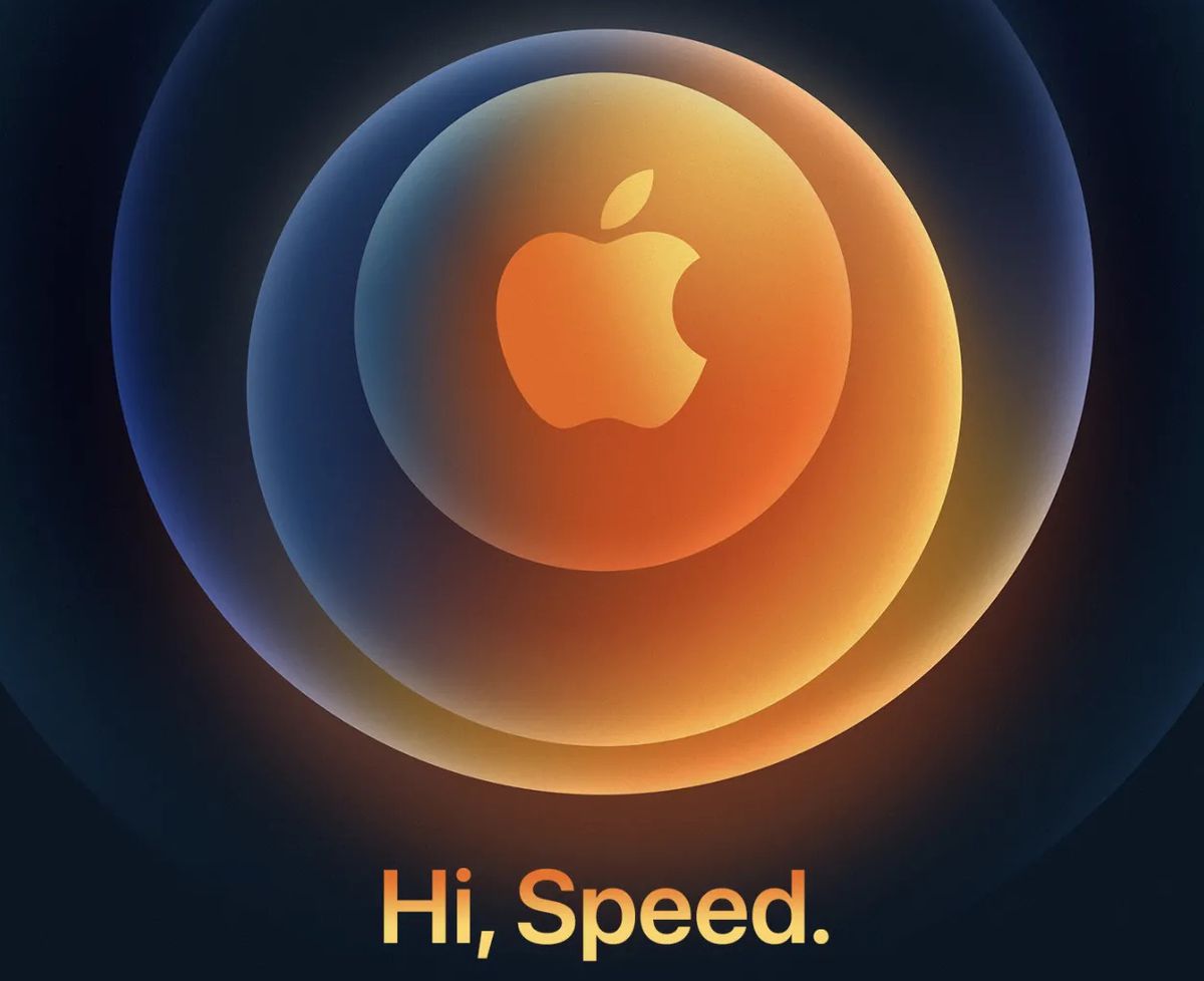 Text saying “Hi, Speed” beneath blue and orange circles with an Apple logo in the center.