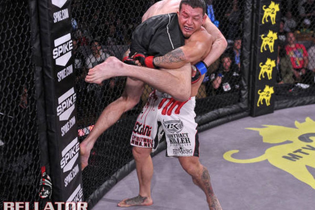 Waachiim Spiritwolf gets ready to slam Marius Zaromskis to the ground in their second bout at Bellator 68 this past May. Spiritwolf will battle Zaromskis for the third time tomorrow night. Photo via via Bellator