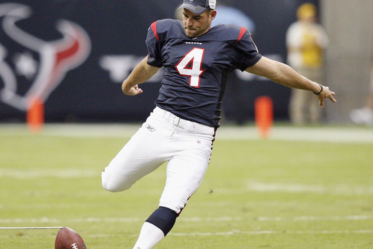HOUSTON - SEPTEMBER 02:  Place kicker Neil Rackers #4 of the Houston Texans warms up before a football game against the Tampa Bay Buccaneers at Reliant Stadium on September 2 2010 in Houston Texas.  (Photo by Bob Levey/Getty Images)
