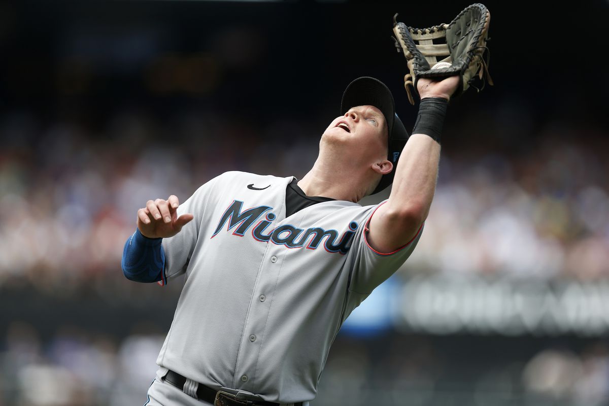 Garrett Cooper #26 of the Miami Marlins in action against the New York Mets at Citi Field on July 10, 2022 in New York City. The Marlins defeated the Mets 2-0 in ten innings.
