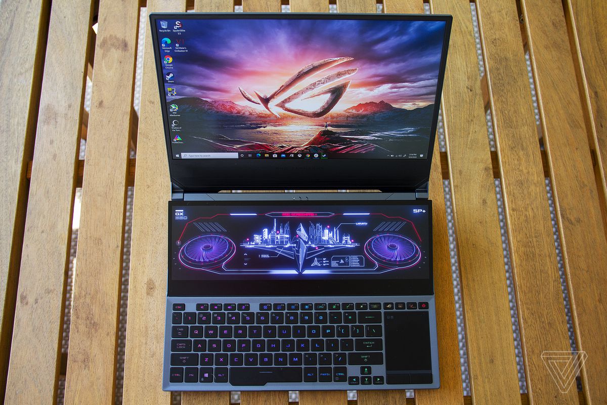 The Asus ROG Zephyrus Duo 15 open from above.