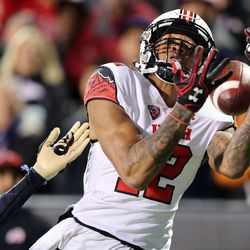 Utah Utes wide receiver Tim Patrick misses a pass during the first half of a football game against the Colorado Buffaloes at Folsom Field in Boulder, Colo., on Saturday, Nov. 26, 2016.