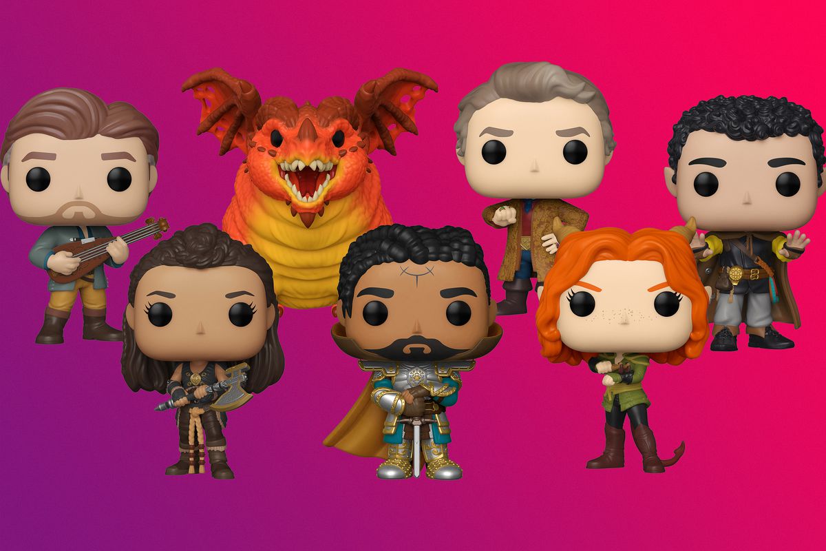 Group of Funko Pop characters on a graduated pink and purple background