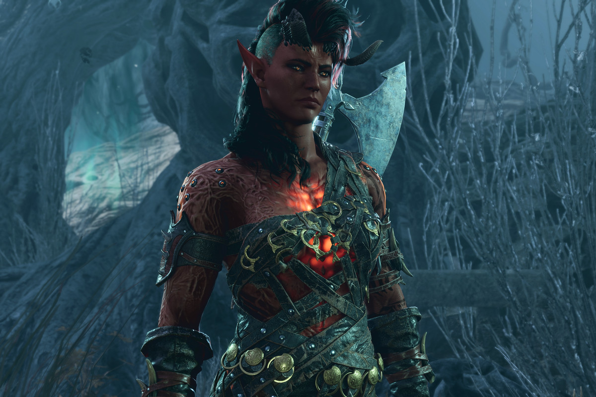A screenshot of a solemn-looking Tiefling who has the classic red skin and horns, plus some off-the-shoulder leather armor, in Baldur’s Gate 3