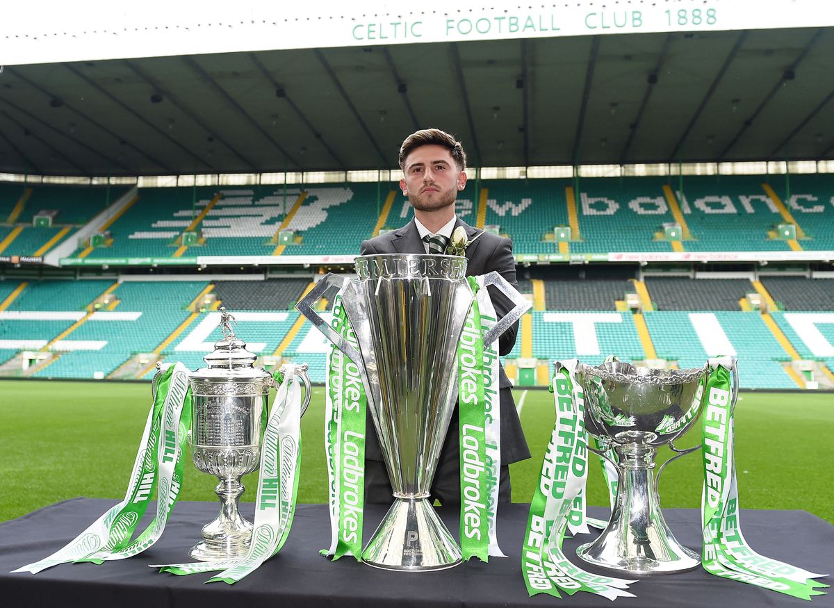 27/05/17 WILLIAM HILL SCOTTISH CUP CELEBRATION.CELTIC PARK - GLASGOW.Celtic’s Patrick Roberts with the William Hill Scottish Cup, Ladbrokes Premiership and Betfred Cup in Celtic Park