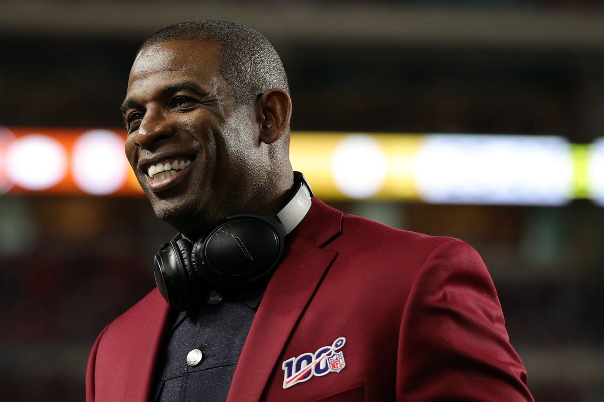 Deion Sanders of the NLF 100 All-Time Team is honored on the field prior to Super Bowl LIV between the San Francisco 49ers and the Kansas City Chiefs at Hard Rock Stadium on February 02, 2020 in Miami, Florida.