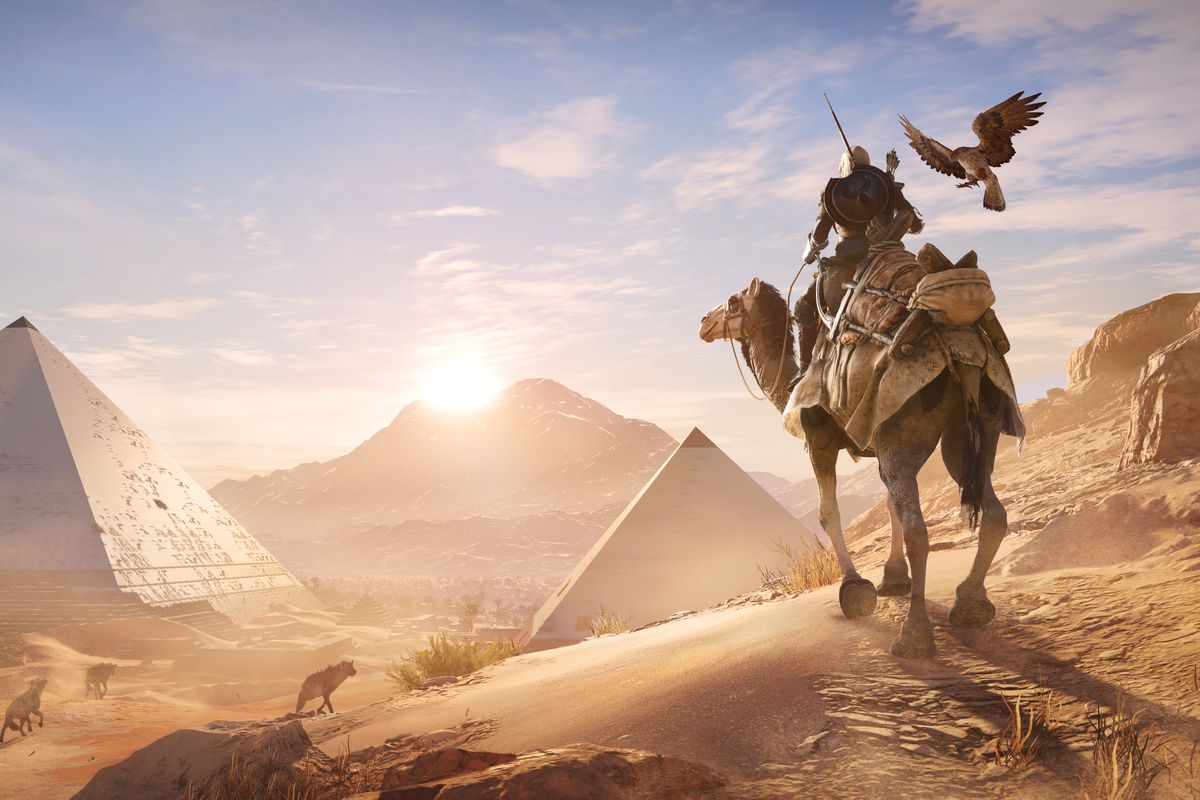 Assassin’s Creed Origins - Bayek on camelback with Senu, with pyramids in background