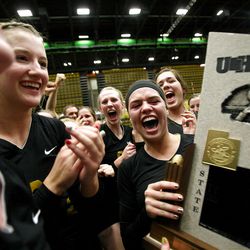Desert Hills celebrates winning the 3A volleyball state championship finals against Snow Canyon at the UCCU Events Center at Utah Valley University in Orem on Saturday, Oct. 27, 2012. 