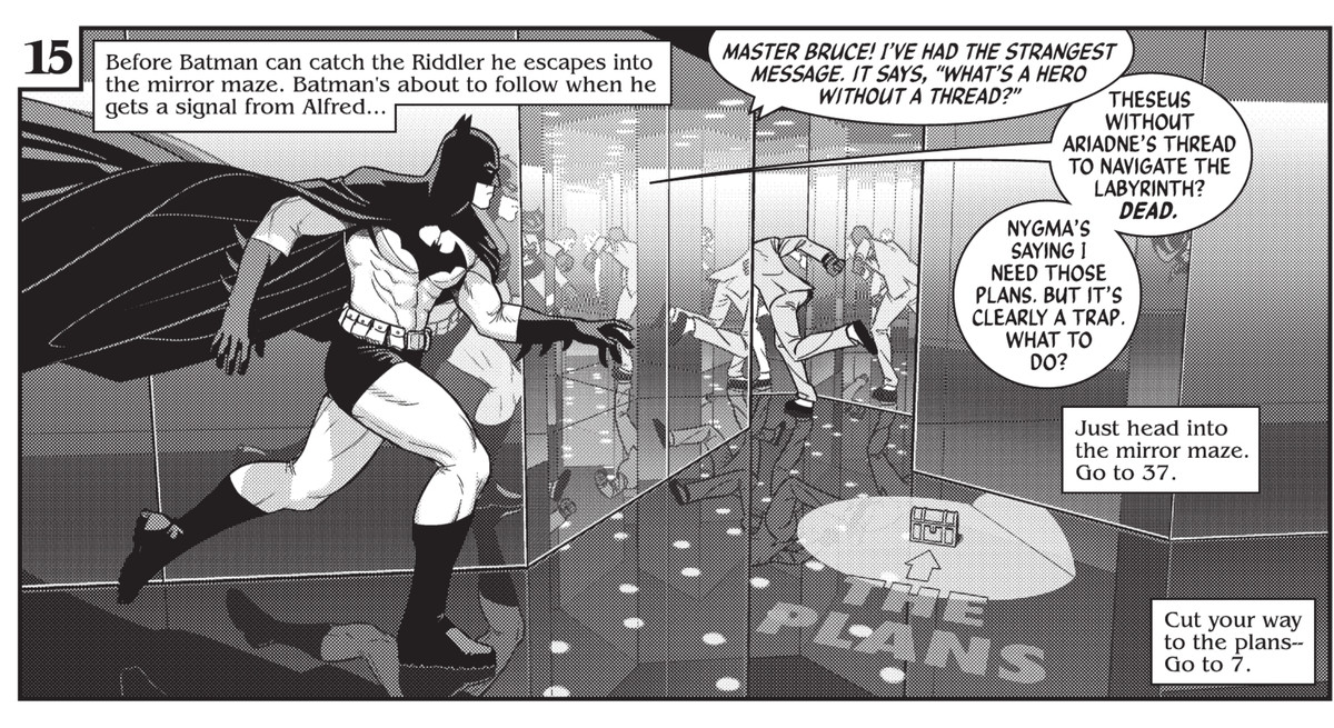 Batman chases after the Riddler into a mirror maze. Captains tell the reader to turn to page 37 to head into the mirror maze, or to page 7 to bypass it, in Batman: Black and White #5, DC Comics (2021). 