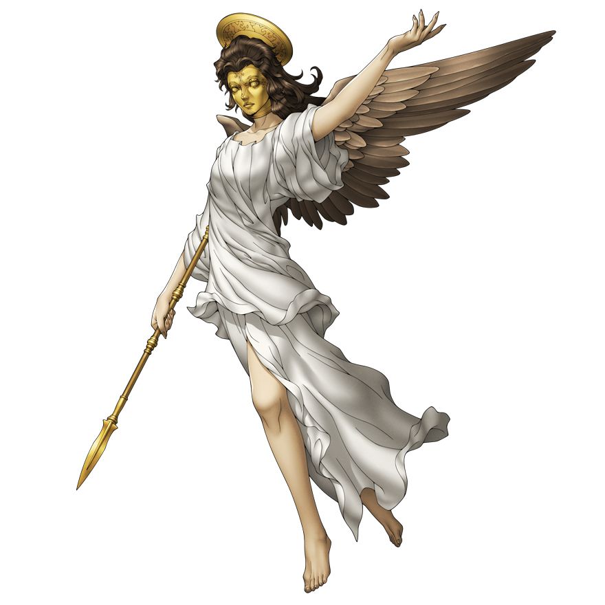 An angel character with a gold mask and white, flowing robes.