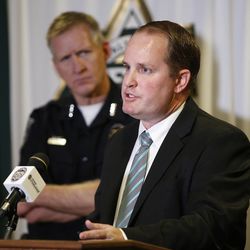 U.S. postal inspector Jared Bingham discusses an ID theft case during a press conference in Salt Lake City on Friday, Feb. 17, 2017.  The indictment charges eight individuals and involves 143,000 names of victims who lived or live in Utah.