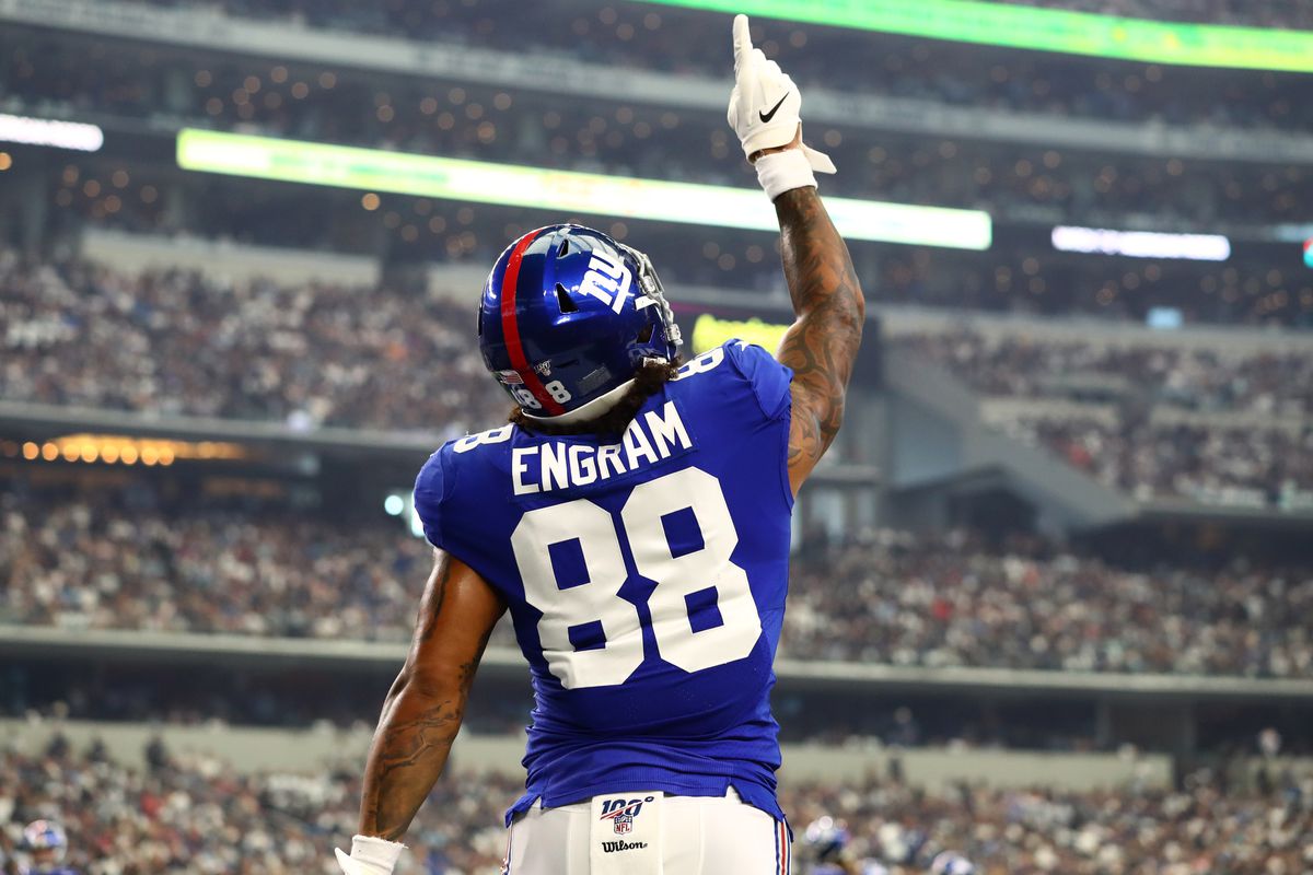 New York Giants tight end Evan Engram celebrates his first quarter touchdown against the Dallas Cowboys at AT&amp;T Stadium.