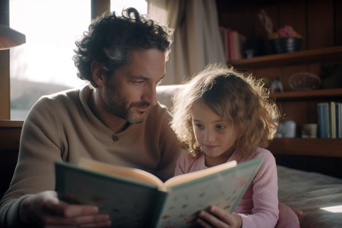 A father and young daughter sitting together looking at a large hard-bound book.