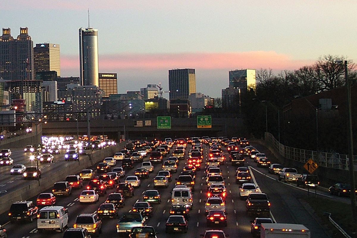 A photo of bad traffic in downtown Atlanta at evening.
