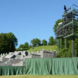 View of the 10-level stage and lighting towers at the Hill Cumorah Pageant.