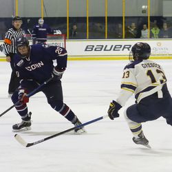 The UConn Huskies take on the Merrimack Warriors in a men’s college hockey game at J. Thom Lawler Rink in North Andover, MA on January 12, 2018.