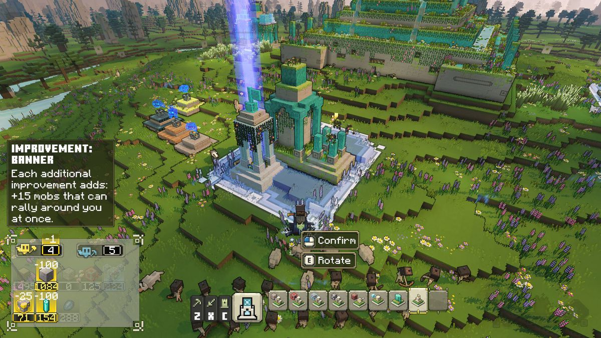 The hero places the Improvement: Banner structure around the Well of Fate in Minecraft Legends