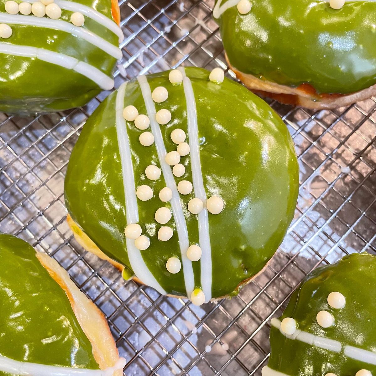 Bright green matcha doughnuts at Rose Ave.