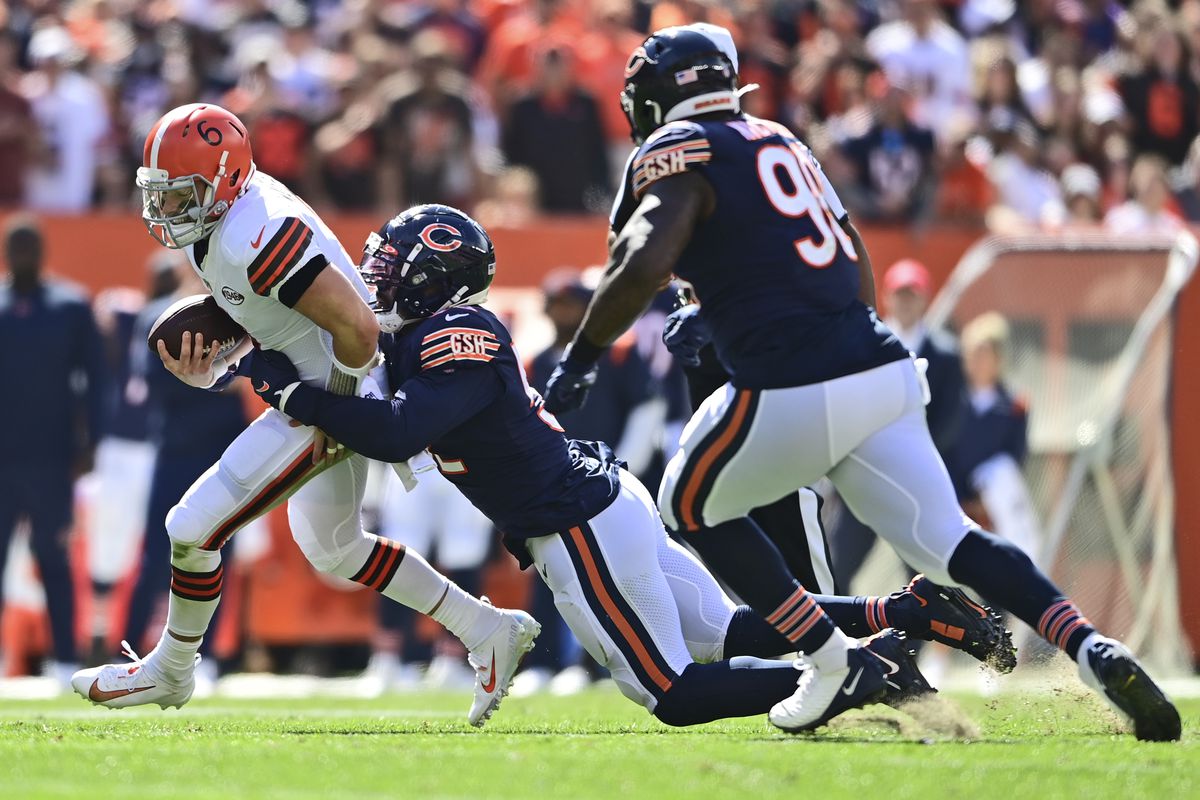 Bears linebacker Khalil Mack (52) sacked Browns quarterback Baker Mayfield twice in Week 3 but suffered a sprained foot that ultimately ended his season after playing seven games. 