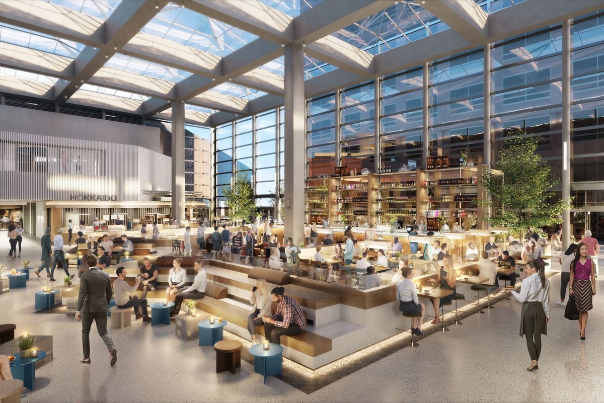A rendering for an atrium-level food hall in Los Angeles.