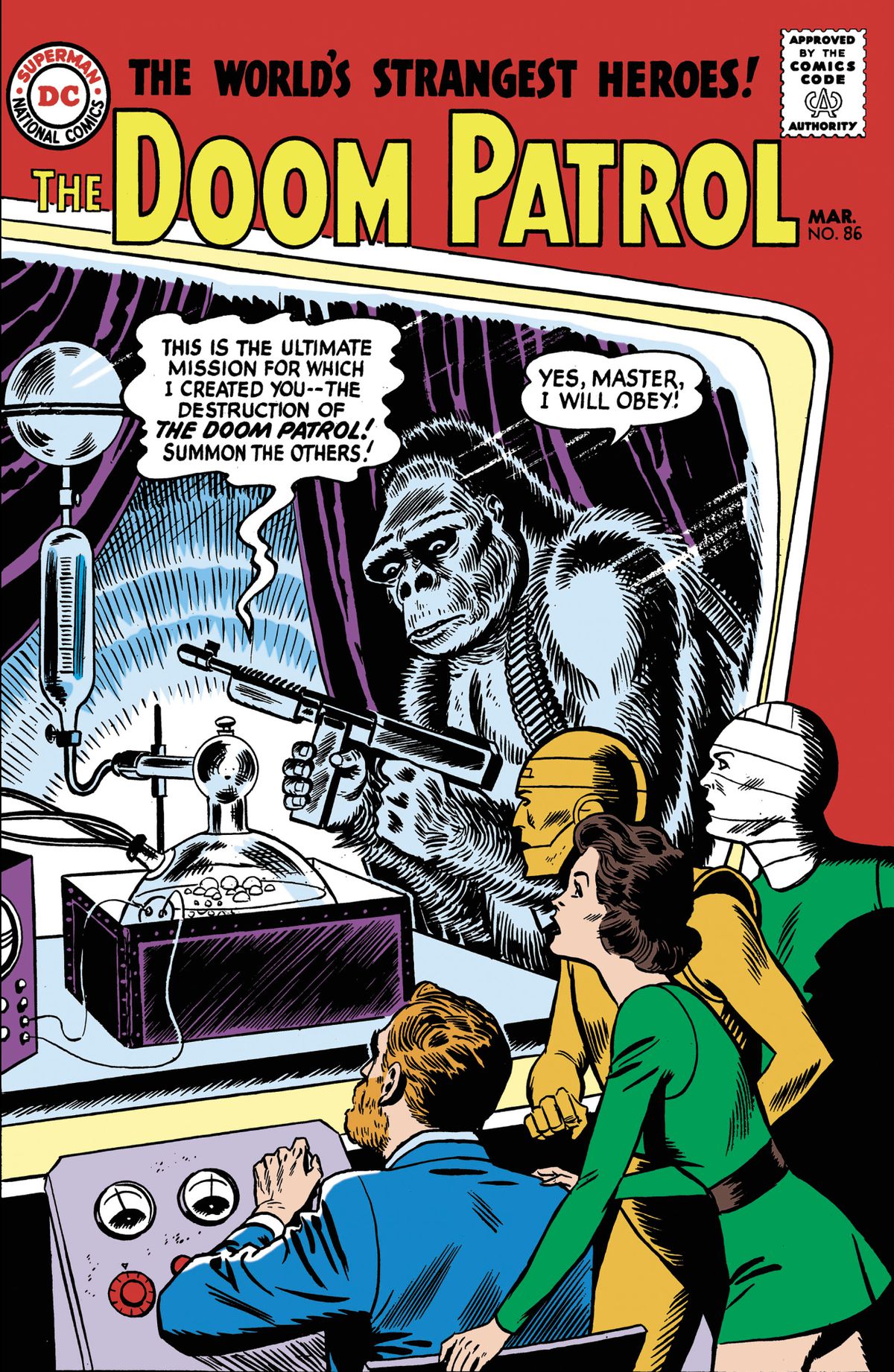 The Doom Patrol — paraplegic Dr. Caulder, Elastigirl, Robotman, and the Negative Man, look on as, on a giant TV screen, a gorilla with a machine gun takes orders from a brain in a jar on the cover of Doom Patrol #1 (1964). 