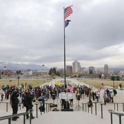 Supporters and members of LaVoy Finicum's family gather at the Utah state Capitol Saturday, March 5, 2016. 