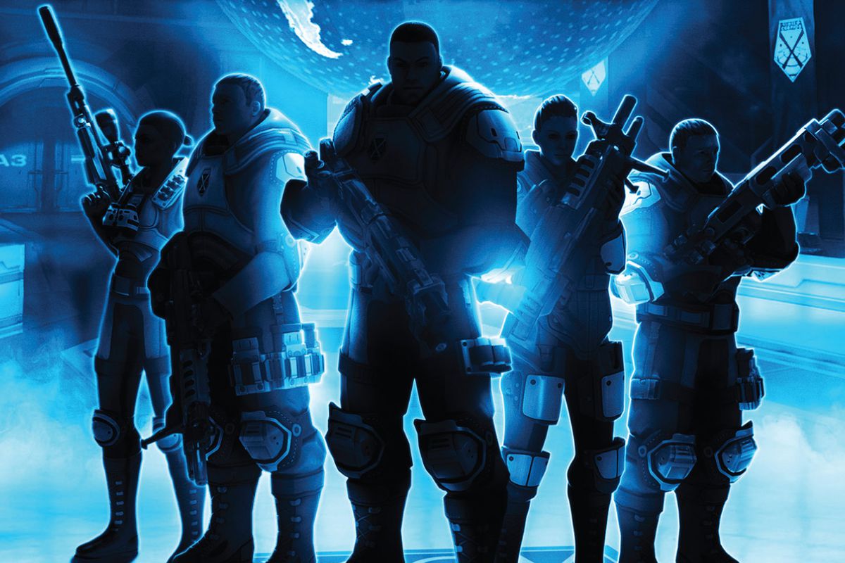 Cover art for XCOM: Enemy Unknown shows the now iconic classes — Sniper, Assault, Heavy, Support — in silhouette. against a blue background.