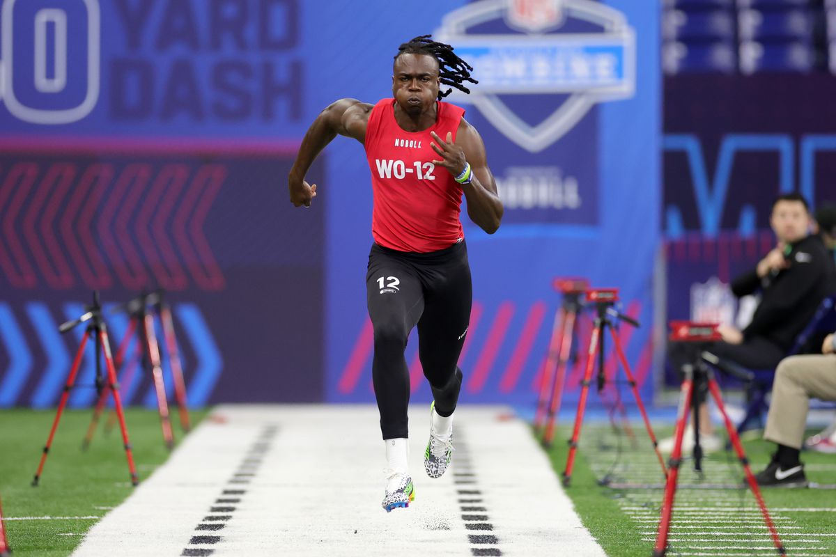 Dontay Demus of Maryland participates in the 40-yard dash during the NFL Combine at Lucas Oil Stadium on March 04, 2023 in Indianapolis, Indiana.