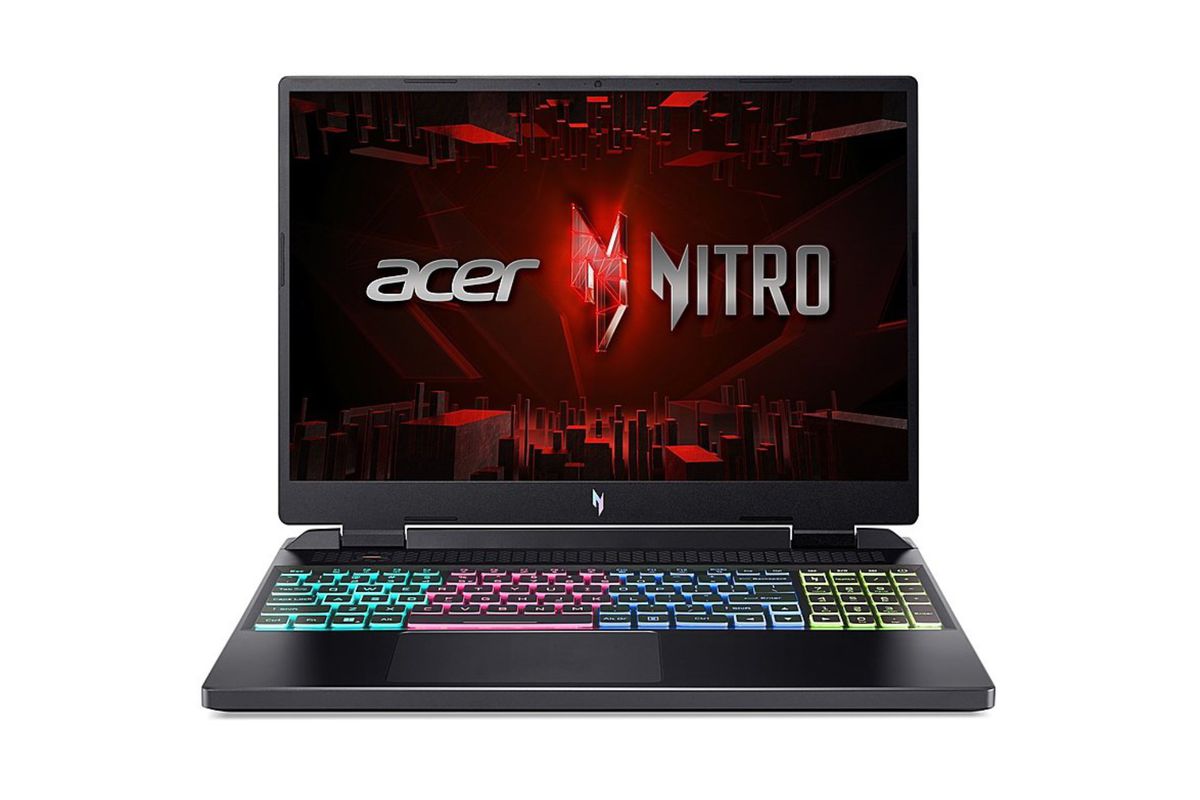 The Acer Nitro 16 gaming laptop is shown at a side angle with its display showing the words Acer Nitro. The keyboard is illuminated in four quadrants, purple, green, blue, and yellow.