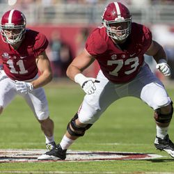 File-In this Saturday, Oct. 22, 2016 file photo, Alabama wide receiver Gehrig Dieter (11) and offensive lineman Jonah Williams (73) look for blocks during the first half of an NCAA college football game against Texas A&M, at Bryant-Denny Stadium in Tuscaloosa, Ala. Williams was named to the second team AP Preseason All-America Team on Tuesday, Aug. 22, 2017. 