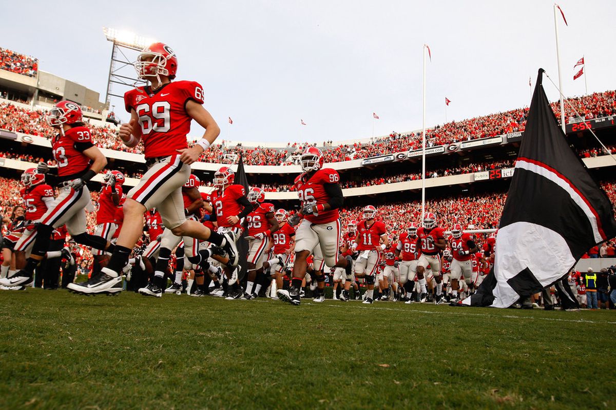 ATHENS, GA - NOVEMBER 12:  The Georgia Bulldogs enter the field to face the Auburn Tigers at Sanford Stadium on November 12, 2011 in Athens, Georgia.  (Photo by Kevin C. Cox/Getty Images)