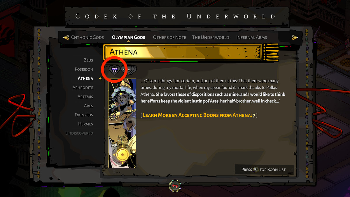 Athena’s Codex entry in Hades, showing the bow icon indicating that you’ll get a Keepsake if you give her Nectar