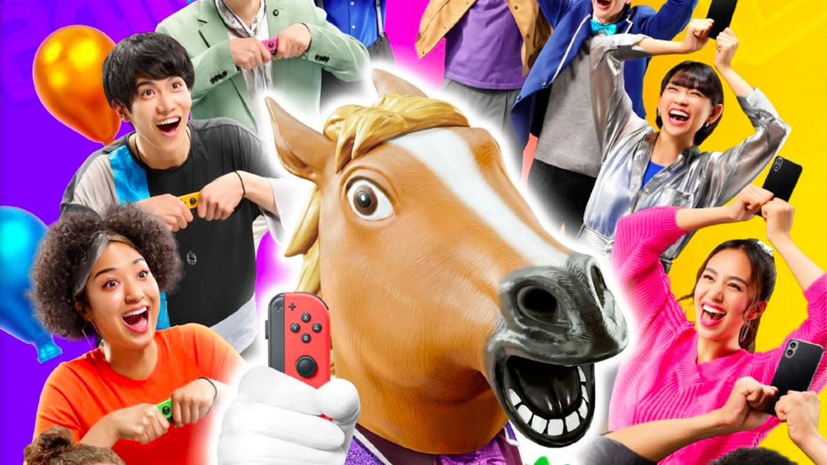 Artwork of Everybody 1-2-Switch, showing a man in a suit and a horse mask holding a Switch Joy-Con in one hand and a smart device in the other. He’s flanked by men and women playing games.