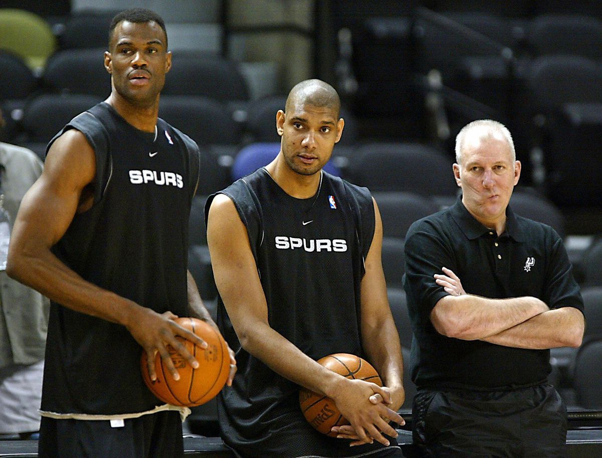 David Robinson, Tim Duncan, and Gregg Popovich (Getty Images)