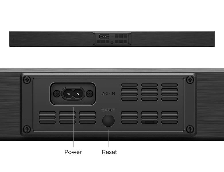 Rear of the TCL Roku TV wireless soundbar with one power port, a reset button, and no other ports