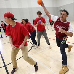 Jake Takenaka and Pita Mahina play dodgeball during Spirit Week at West High School in Salt Lake City on Tuesday, March 15, 2016. This year's theme is “Nightmare on 3rd West.”