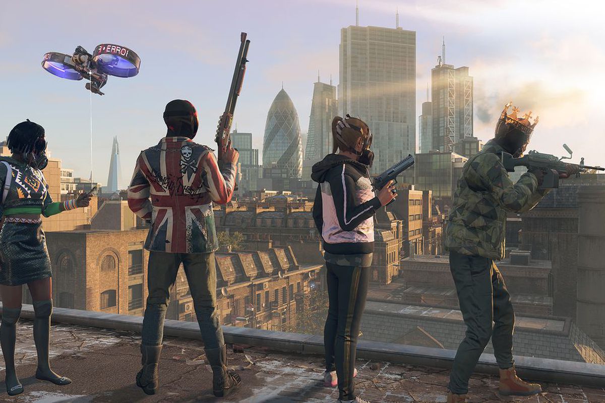 four outlaws in garish costumes atop a building in London for Watch Dogs Legion