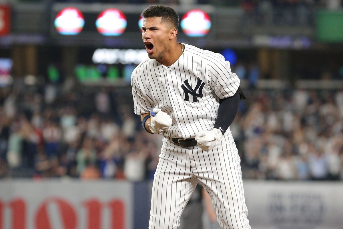 Gleyber Torres reacts after hitting the walk-off single against the defending World Series champion Houston Astros during the tenth inning at Yankee Stadium. The Bombers came from behind to win 6-5.