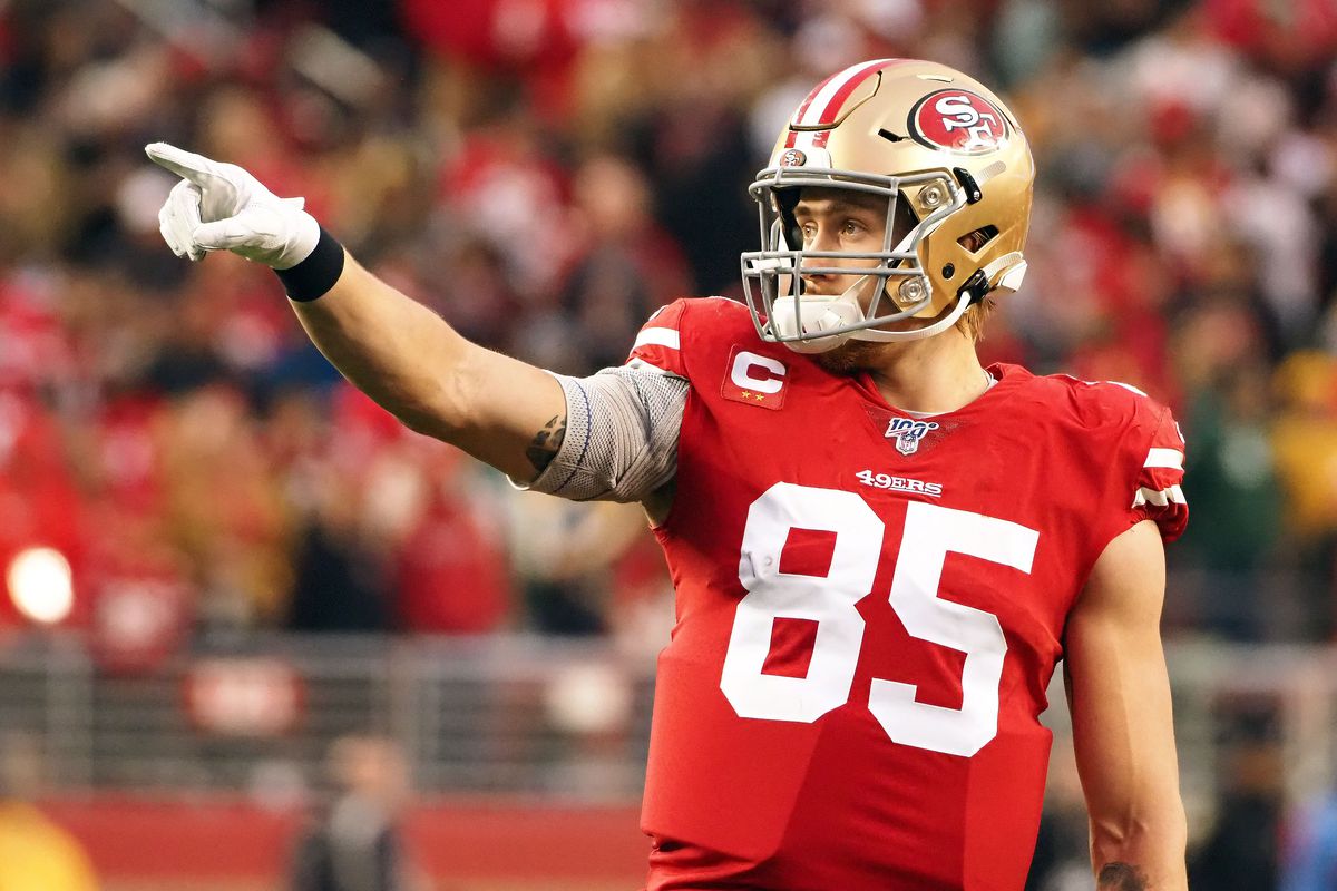 San Francisco 49ers tight end George Kittle reacts against the Green Bay Packers during the first half in the NFC Championship Game at Levi’s Stadium.