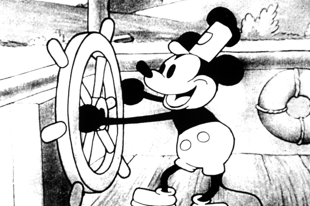 Mickey steers a ship in Steamboat Willie