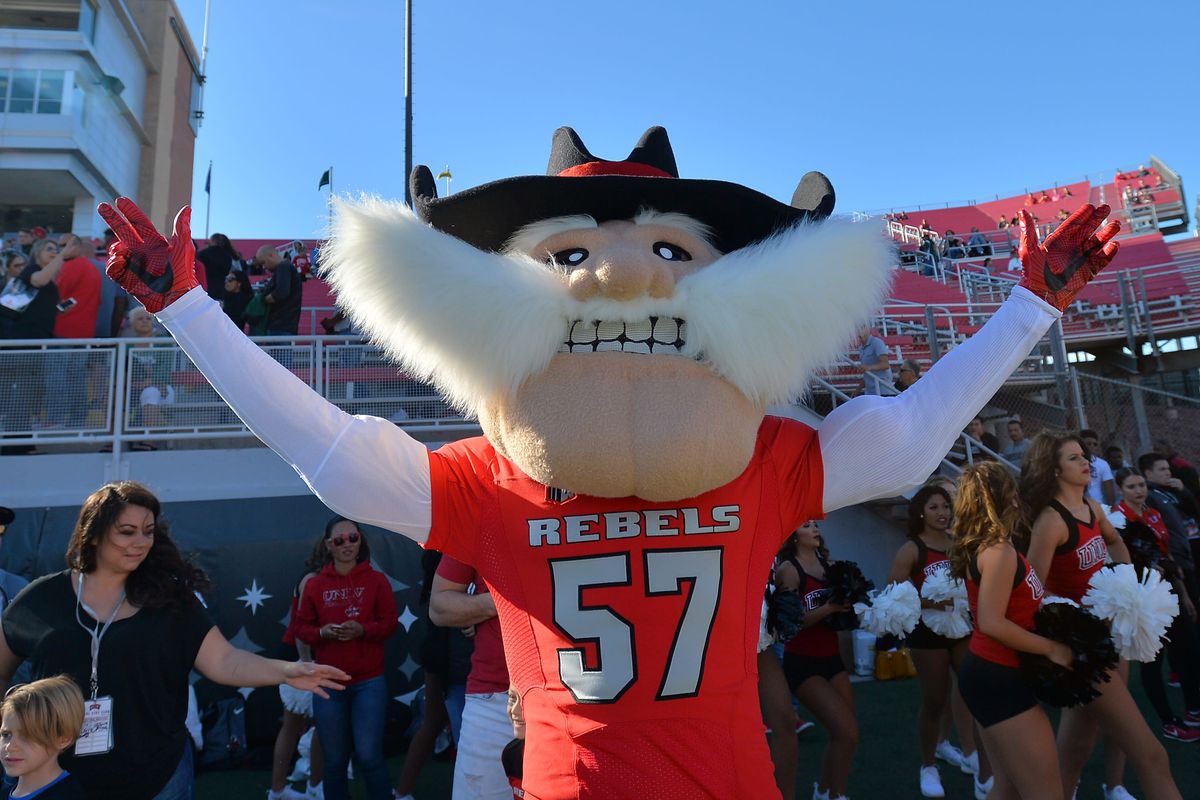 UNLV Rebel Mascot with arms outstretched.